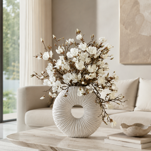 Jarrón Éternité Beige Mate con Magnolias y Madera Flotante | Botánica Luma
