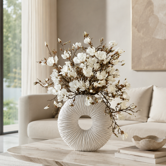 Jarrón Éternité Beige Mate con Magnolias y Madera Flotante | Botánica Luma