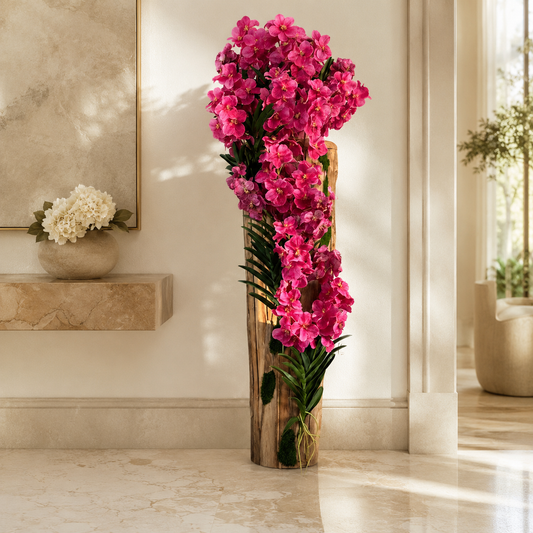 Jarrón de Teca de Borde Natural con Orquídeas Vanda Rosas | Botánica Luma
