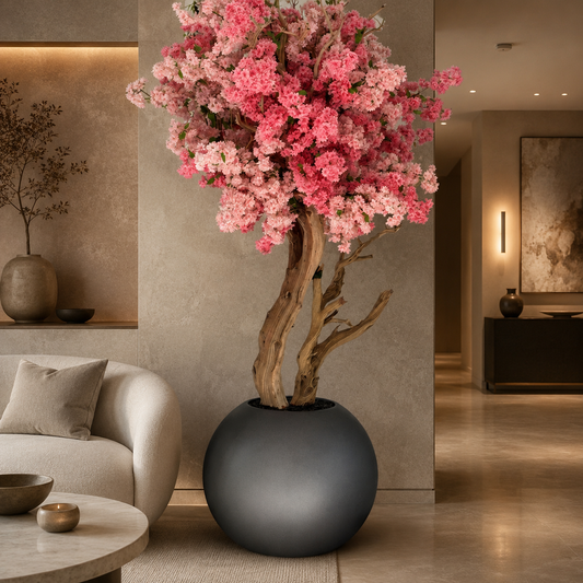 Flores de Cerezo Bicolores en Jarrón Globo Gunmetal Mate | Botánica Luma