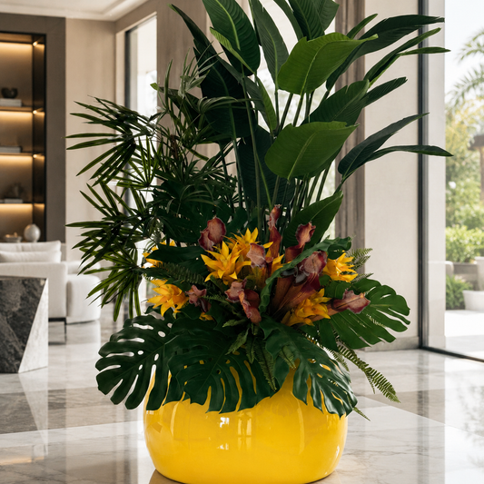 Plantas Tropicales en Jarrón Globo Amarillo Azafrán | Botánica Luma