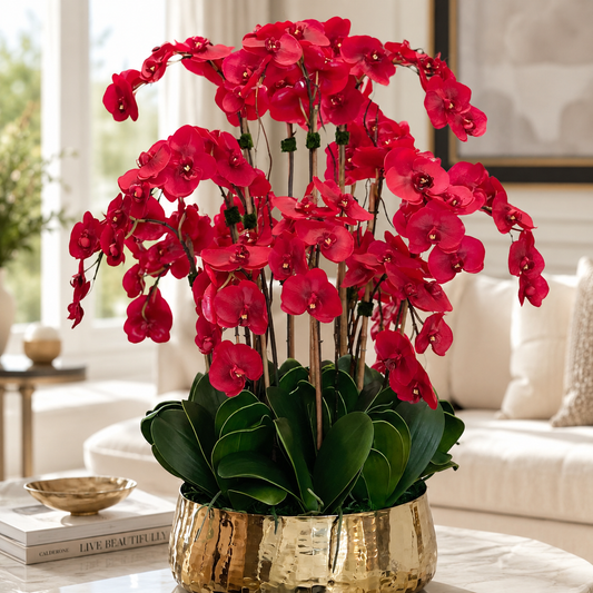 Orquídeas Phalaenopsis Rojas en Macetero Dorado Mediano | Botánica Luma