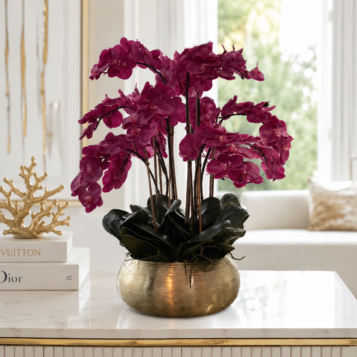Orquídeas Phalaenopsis Rosas en Cuenco Bowie Dorado | Botánica Luma