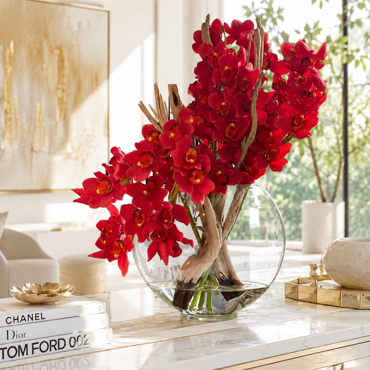 Cymbidiums Rojos en Jarrón Luna | Botánica Luma