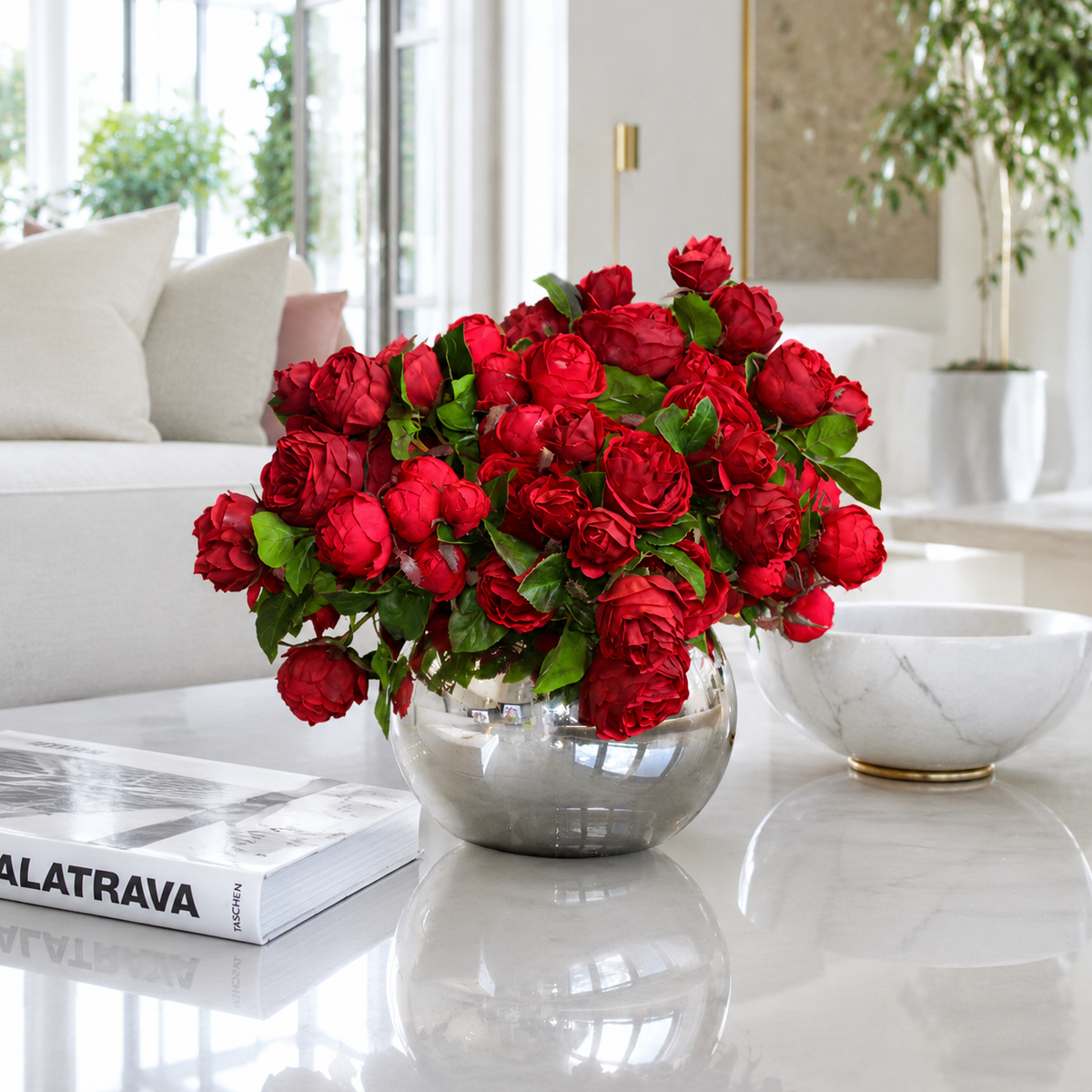 Rosas Inglesas Rojas en Cuenco de Vidrio Mercurizado | Botánica Luma